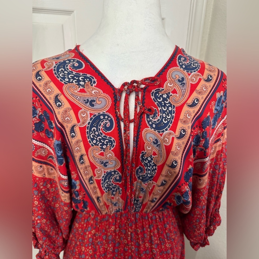 Umgee Red Boho Peasant High Low Back Tie Midi Dress Women's Size S - Picture 5 of 10